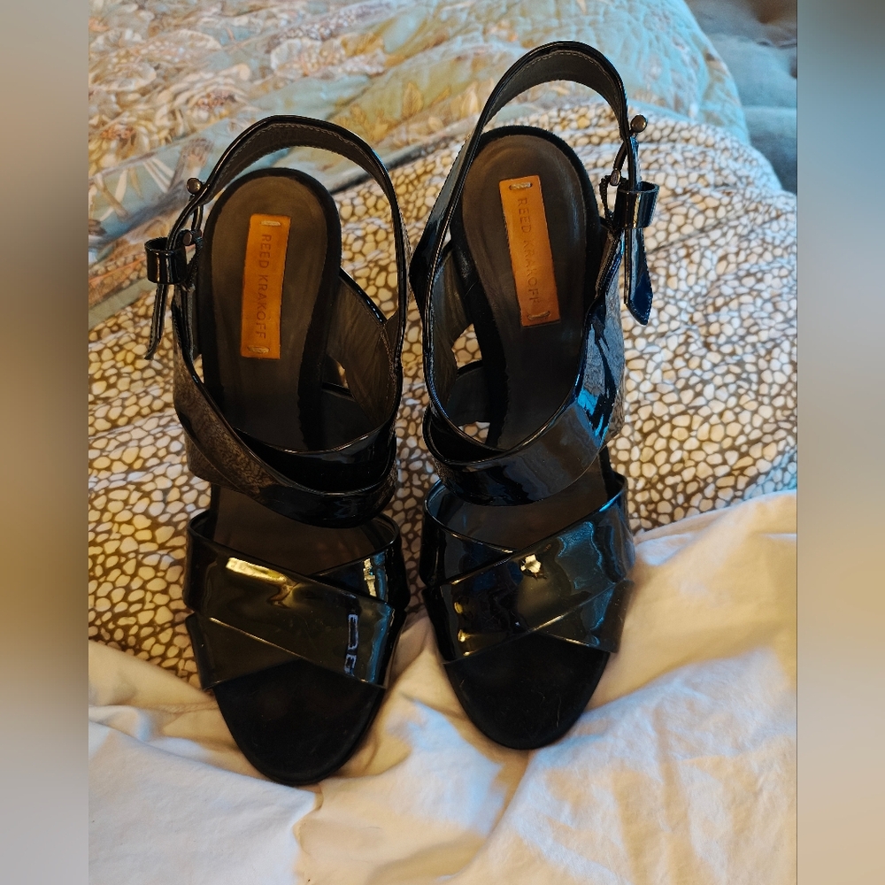 Reed Krakoff Black Patent Leather Boxer Strappy Heels 100, Size 35.5, 6
